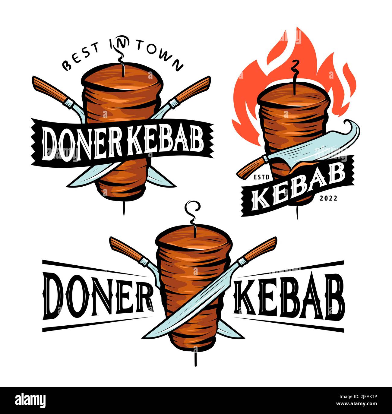 Kebab-Logo. Türkische Küche Restaurant, Grill oder Grill-Bar, Shawarma Emblem. Rotierender Spieß mit Symbol für gegrilltes Fleisch Stock Vektor