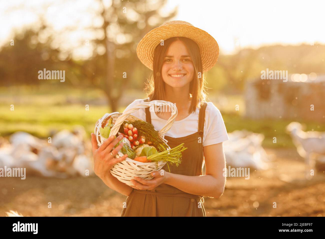 Junge kaukasische schöne Bäuerin in Strohhut mit Korb mit frischem Bio-Gemüse bei Sonnenuntergang. Vegetarische, rohe, gesunde Lebensmittel. Gesund Stockfoto