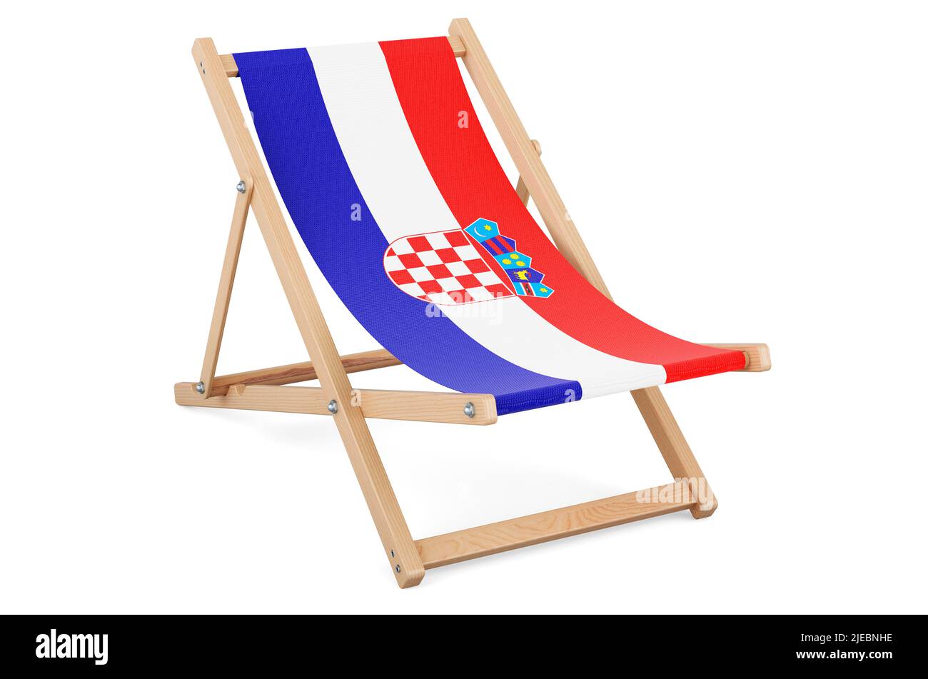 Liegestuhl mit kroatischer Flagge. Kroatien Urlaub, Touren, Reisepakete, Konzept. 3D Darstellung isoliert auf weißem Hintergrund Stockfoto