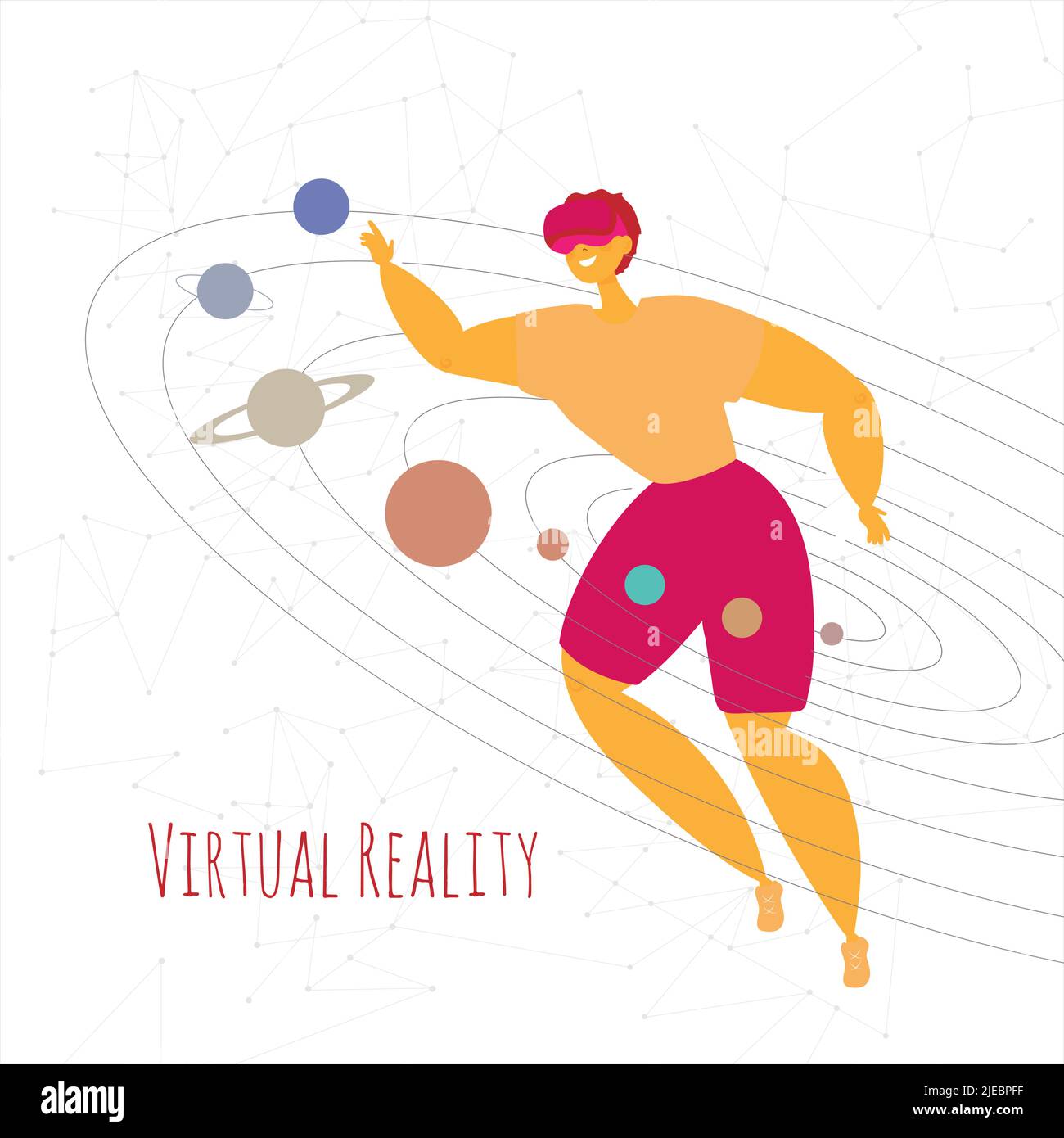 VR Virtual Reality Konzept. Ein Mann erkundet den Raum in einer Virtual-Reality-Brille. Der Typ untersucht die Planeten in einer Augmented-Reality-Brille. Vektor flach Stock Vektor