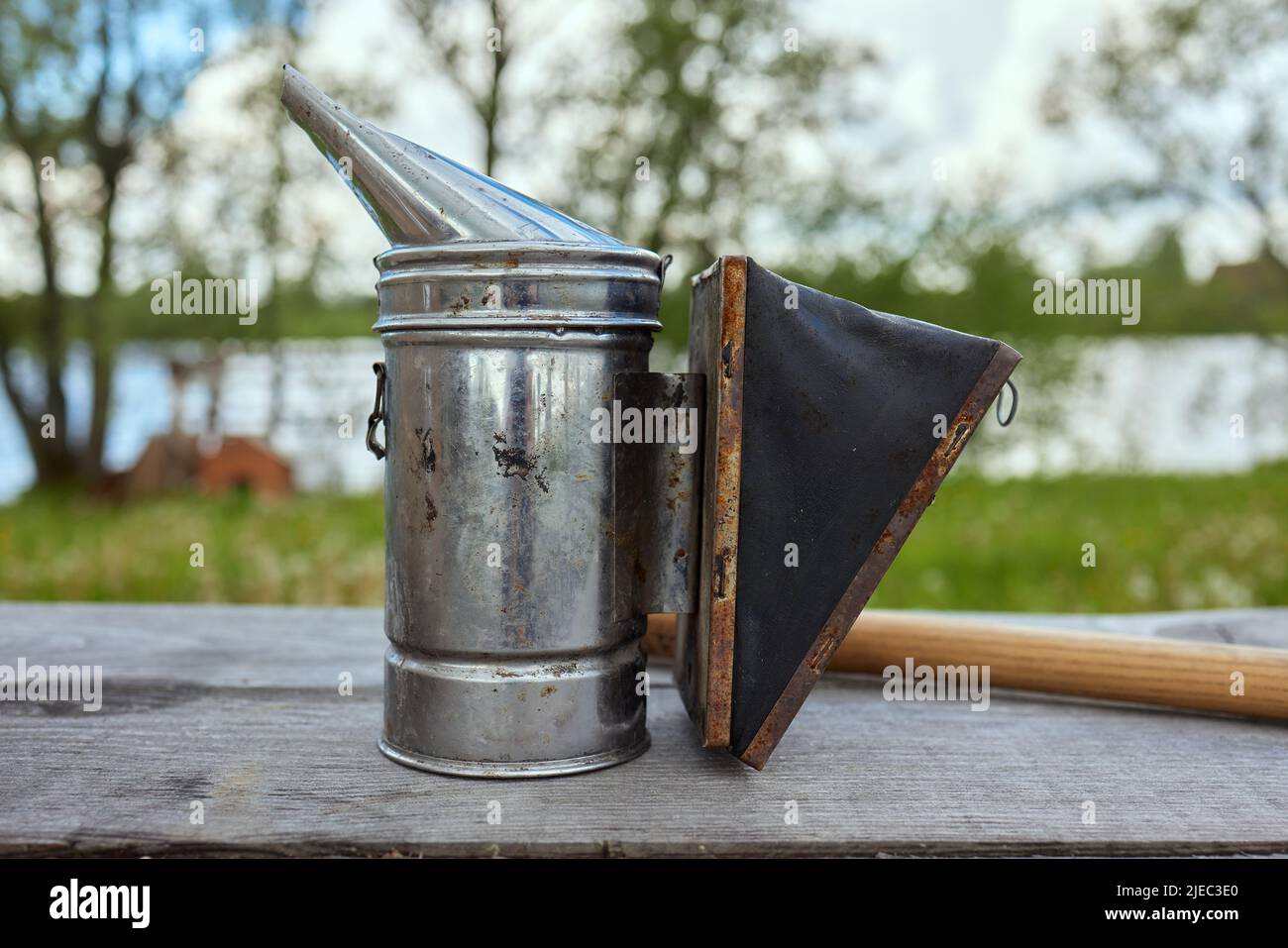 Bienenraucher auf der Oberseite eines Bienenstocks an einem Sommermorgen rauchen. Eine Grundausstattung der Imkerei. Bienenzuchtkonzept Stockfoto