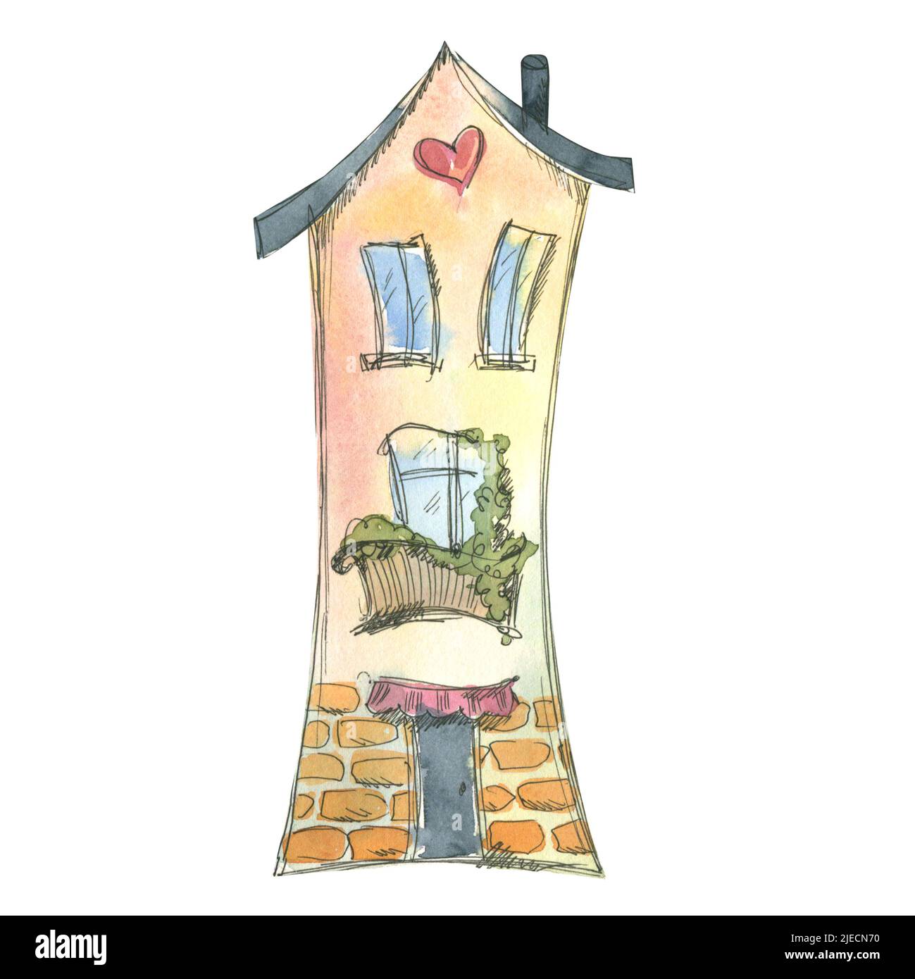 Nettes Haus, Aquarell Skizze Stil mit grafischen Elementen, Cartoon. Illustration eines isolierten Objekts aus einer großen Serie VON PARIS. Für das Design, desi Stockfoto