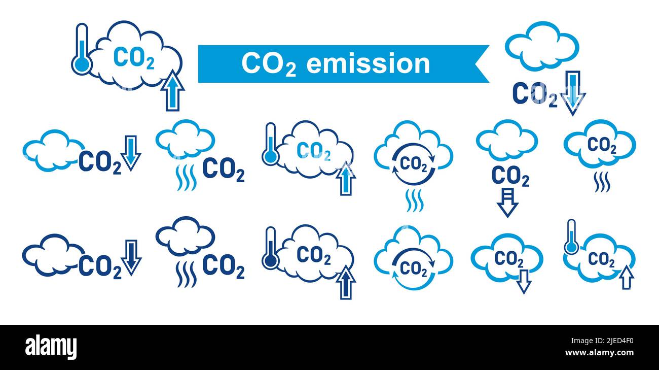 CO2 Emissionsreduzierung, Kohlendioxid-Treibhausgas reduzieren Icon Set. Geringe Luftverschmutzung durch kohlenstoffarmen Rauch. Smog-Wolke. Kontamination der Atmosphäre. Vektor Stock Vektor
