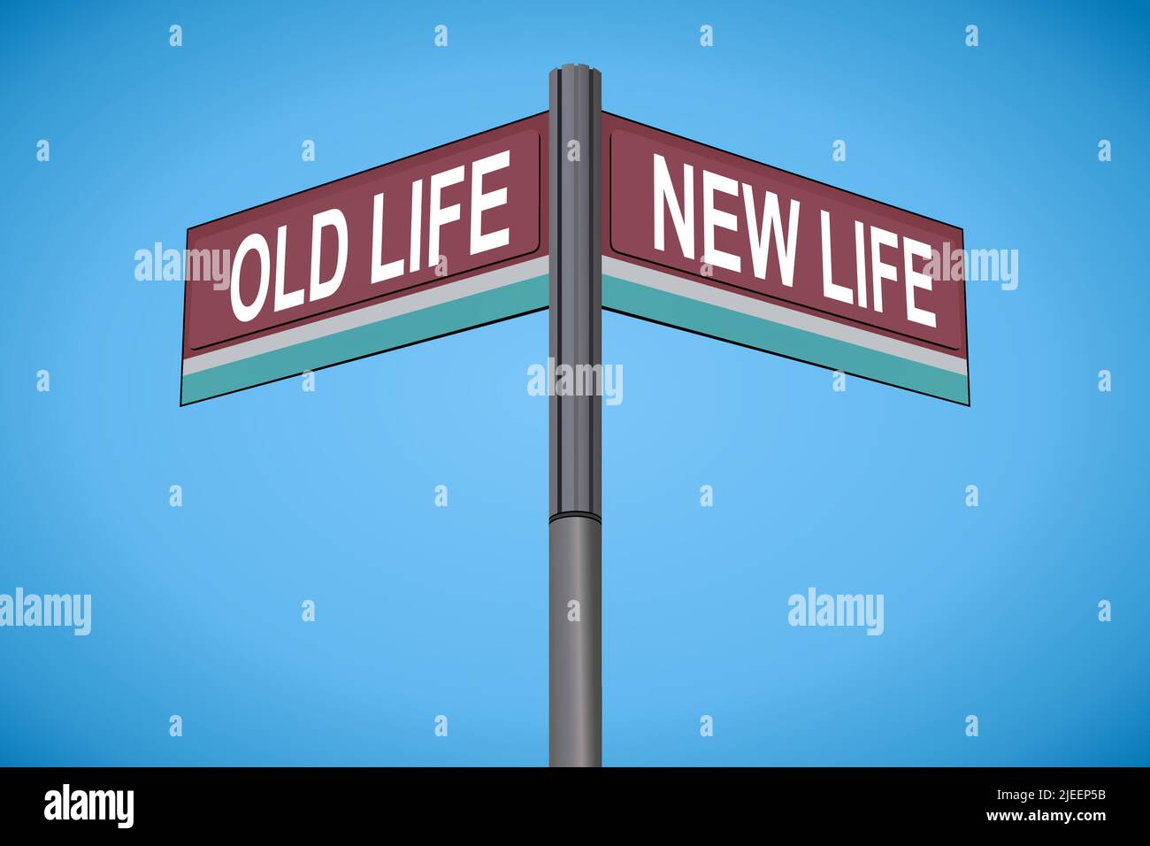 Altes Leben auf der einen Seite mit New Life eine andere Richtung, Chrom-Straßenschild, mit gelesenen und grünen Richtungspfeiletiketten, bläulich Cyan Hintergrund. Stock Vektor