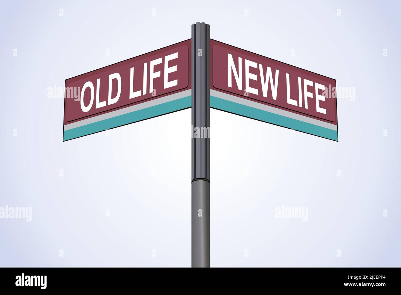 Altes Leben auf der einen Seite mit New Life eine andere Richtung, Chrom-Straßenschild, mit gelesenen und grünen Richtungspfeiletiketten, Blue Chalk Hintergrund. Stock Vektor