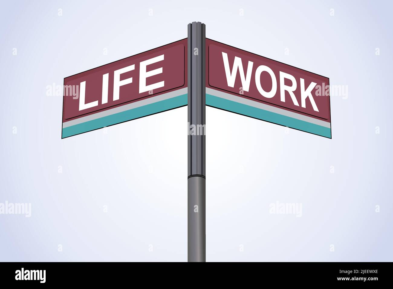 Das Leben auf einer Seite mit Arbeit in eine andere Richtung, Chrom-Straßenschild, mit gelesenen und grünen Richtungspfeiletiketten, Blue Chalk Hintergrund. Stock Vektor