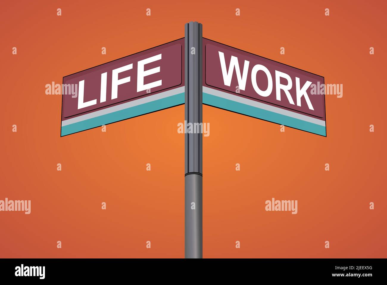 Leben auf einer Seite mit Arbeit in eine andere Richtung, Chrom-Straßenschild, mit gelesen und grünen Richtungspfeil Etiketten, Halloween Orange Hintergrund. Stock Vektor