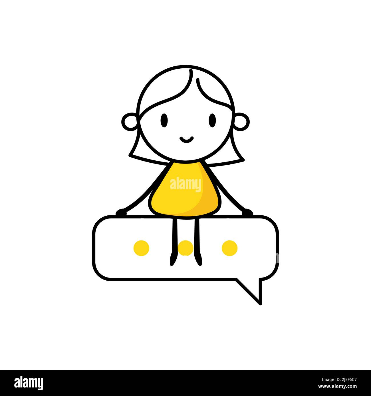 Geschäftsfrau sitzt auf Sprechblase auf weißem Hintergrund. Handgezeichnete Doodle-Frau. Vektorgrafik. Stock Vektor