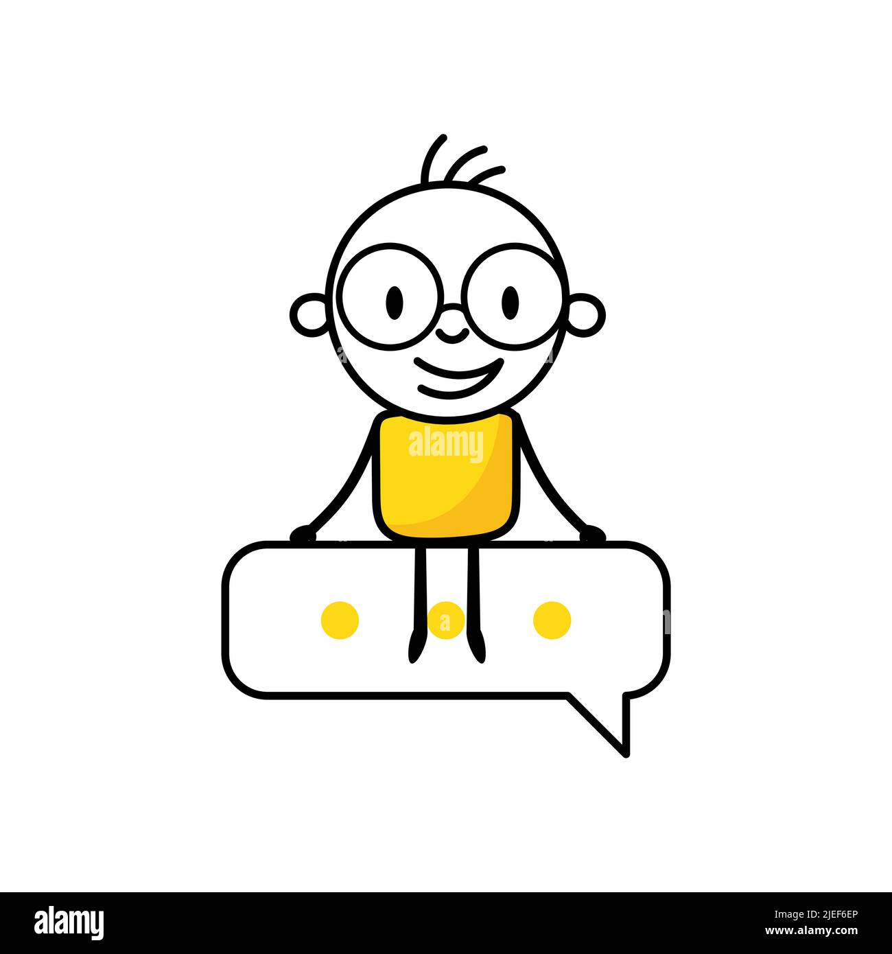 Geschäftsmann sitzt auf Sprechblase auf weißem Hintergrund. Handgezeichneter Doodle-Mann. Vektorgrafik. Stock Vektor