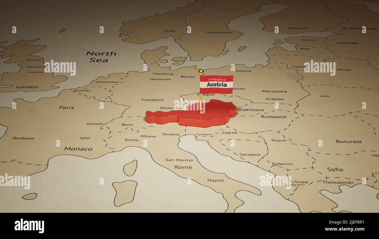 3D Darstellung der isometrischen Kartenflagge und der Länderkarte von Österreich. Stockfoto