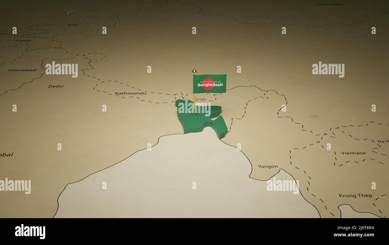 3D Darstellung der isometrischen Kartenflagge und der Landkarte von Bangladesch. Stockfoto