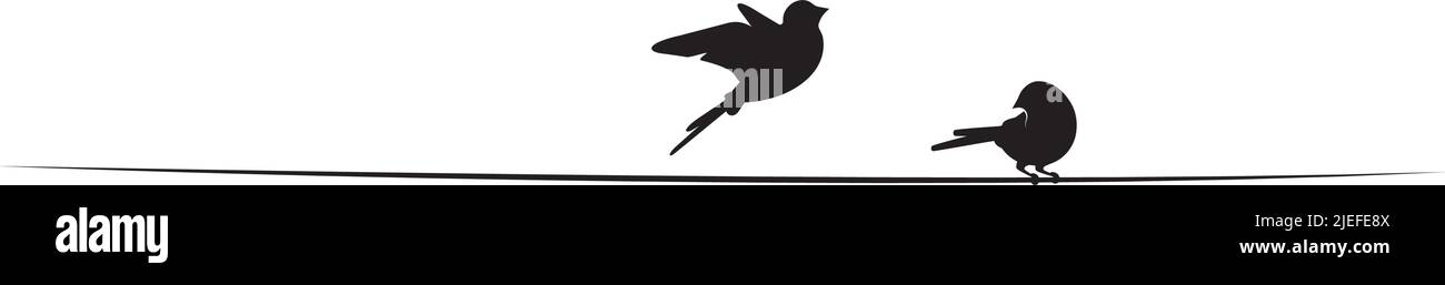 Vögel koppeln sich auf Draht, Vektor. Minimalistisches Design in Schwarz und Weiß. Vögel Silhouetten auf Draht isoliert auf weißem Hintergrund, Illustration. Wandtattoos Stock Vektor