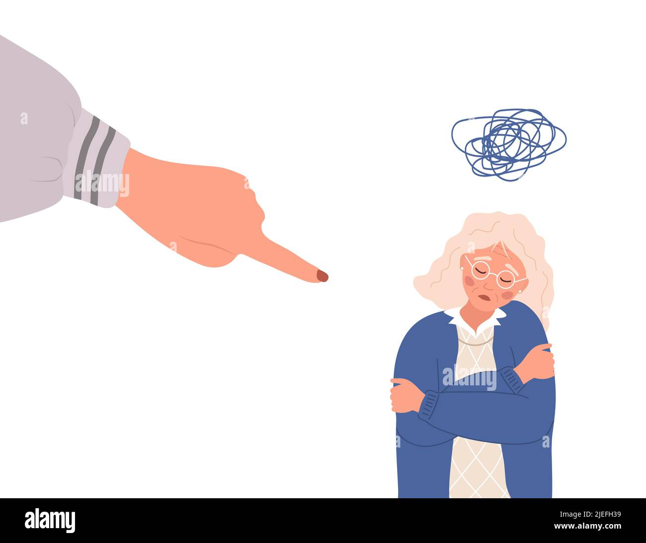 Soziale Mobbing. Finger zeigt auf traurige ältere Frau. Deprimierte, gealterte Dame umarmte sich. Gewalt in der Gesellschaft. Vektorgrafik in flacher Karikatur Stock Vektor