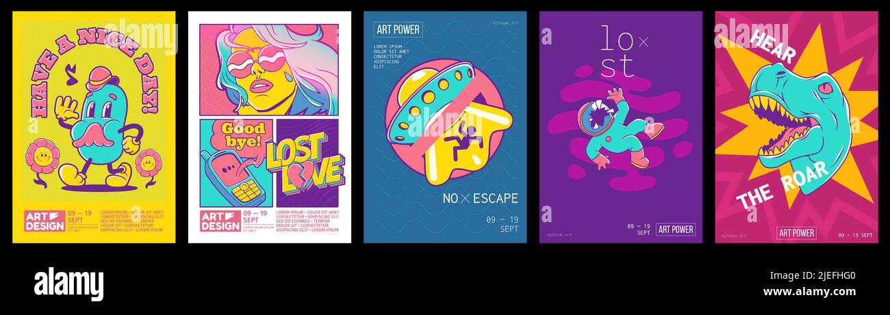 Trendige Retro-Poster für Kunstdesign-Ausstellung mit Symbolen von ufo, Dinosaurier, Raumfahrer, Pilzen und Mädchen mit langen Haaren. Vector Banner mit zeitgenössischen Comic-Patches gesetzt Stock Vektor