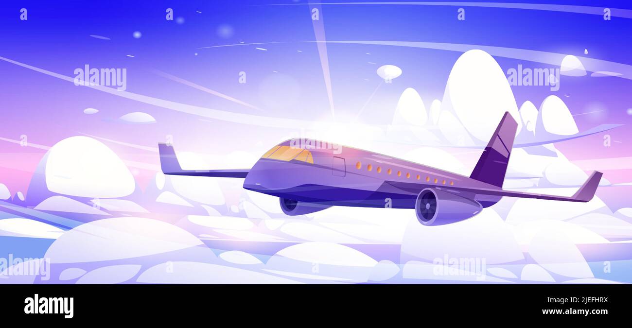 Flugzeug fliegen am Himmel über weißen, flauschigen Wolken und Sonne. Konzept der Passagierflugzeuge Flug, Reise, kommerzielle Luftfahrt. Vektor-Cartoon-Illustration von fliegenden großen Flugzeug auf sonnigen Himmel Hintergrund Stock Vektor