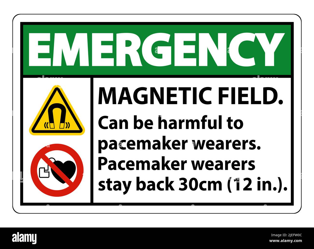Notfall-Magnetfeld kann für Schrittmacherträger schädlich sein.Schrittmacherträger.Zurückbleiben 30cm Stock Vektor