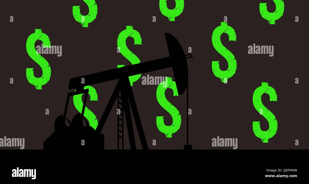 Illustration der Zeichen des grünen Dollars und der Kürbisse, die Rohöl aus weit über schwarzem Hintergrund absaugen Stockfoto