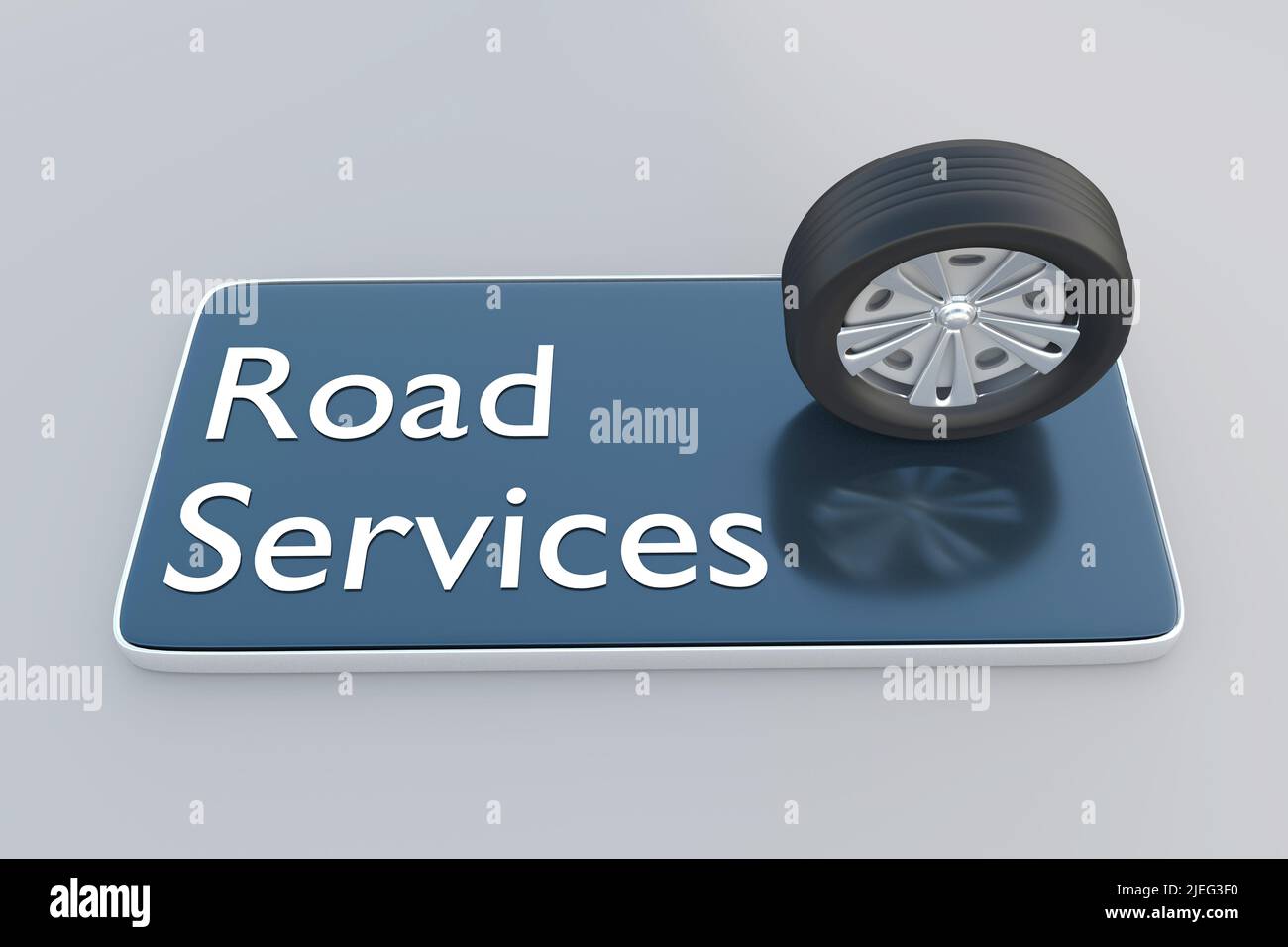 3D Abbildung eines Autorads, das auf dem Bildschirm eines Mobiltelefons platziert ist, zusammen mit dem Skript Road Services. Stockfoto