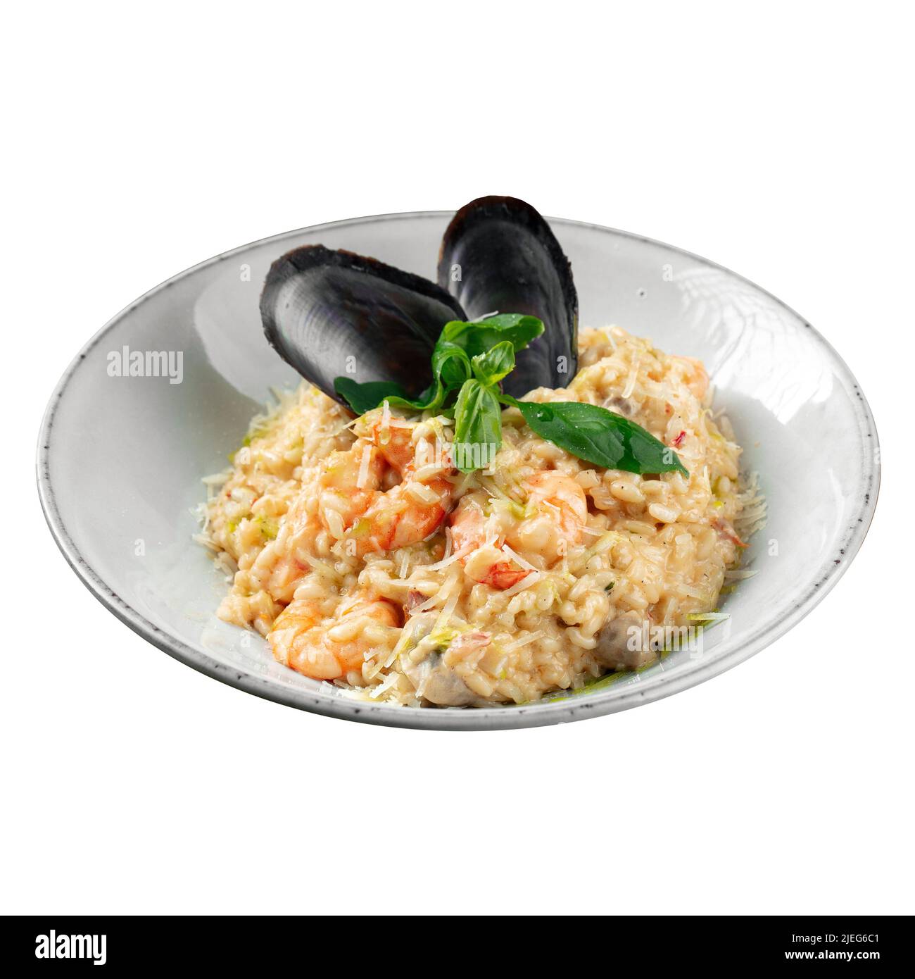 Isolierte Portion Gourmet-Risotto mit Meeresfrüchten Stockfoto