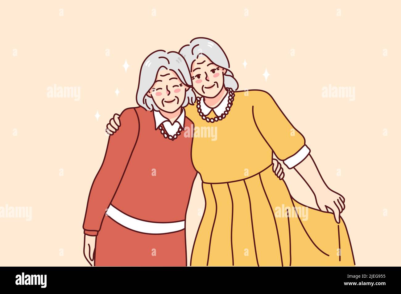 Glückliche, reife, grauhaarige Frauen umarmen sich und genießen lebenslange Freundschaft. Lächelnde ältere Großmütter umarmen zeigen Einheit und Liebe. Alterungskonzept. Vektorgrafik. Stock Vektor