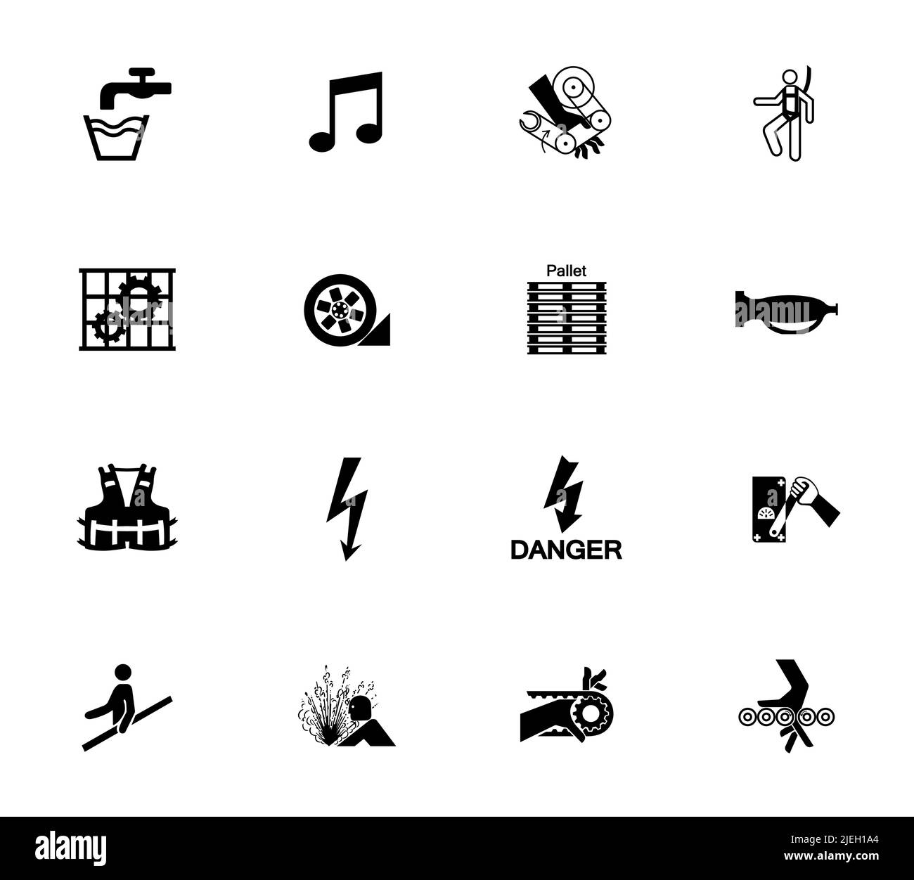 Warnschilder, Symbole für industrielle Gefahren, isoliert auf weißem Hintergrund, Vektorgrafik Stock Vektor