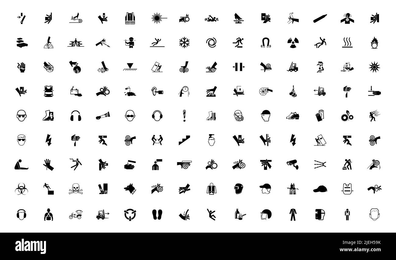 Warnschilder, Symbole für industrielle Gefahren, isoliert auf weißem Hintergrund, Vektorgrafik Stock Vektor