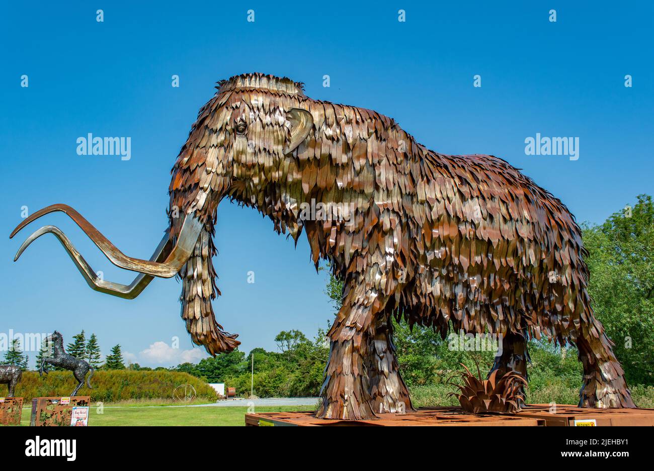 Metallskulpturen, die bei den British Iron Works in Oswestry Shropshire basieren. Es gibt Löwen, Tiger, Elefanten, Pfauen, Zebras usw. Stockfoto