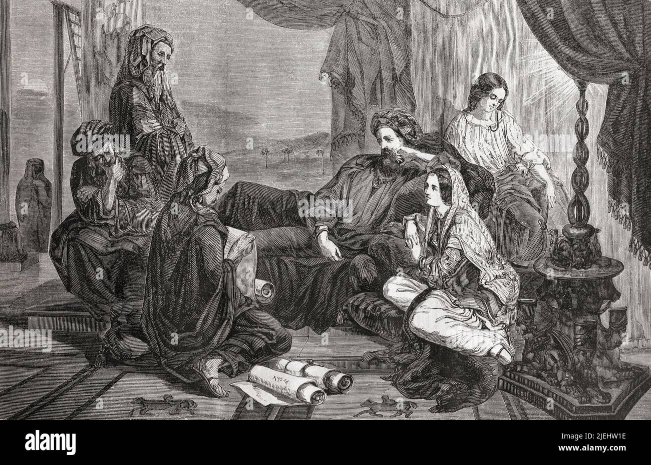 Ahasueres hört sich die Lesung der Chronik an. Aus L'Univers Illustre, Paris, 1859 Stockfoto
