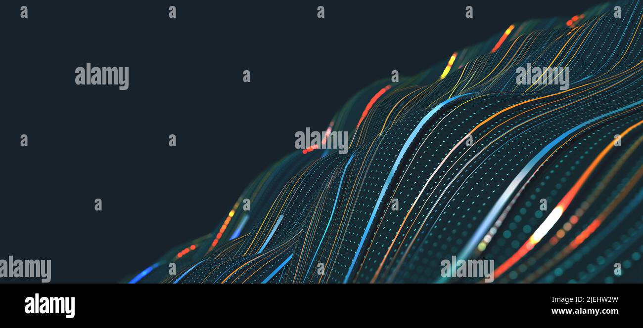 Digitalband. Innovative Konsistenz. Wellenfeld, linearer Stream, Big Data, Internet-Technologie, High-Tech 3D Illustration Stockfoto