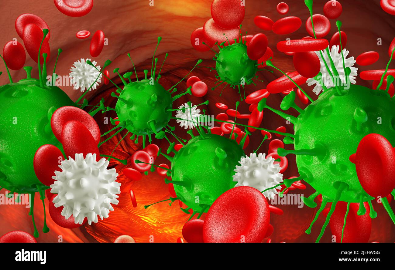 Leukozyten greifen das Virus im Blut an. Mikroben unter dem Mikroskop. Krankheit, Infektion, Entzündung. 3D Abbildung Stockfoto
