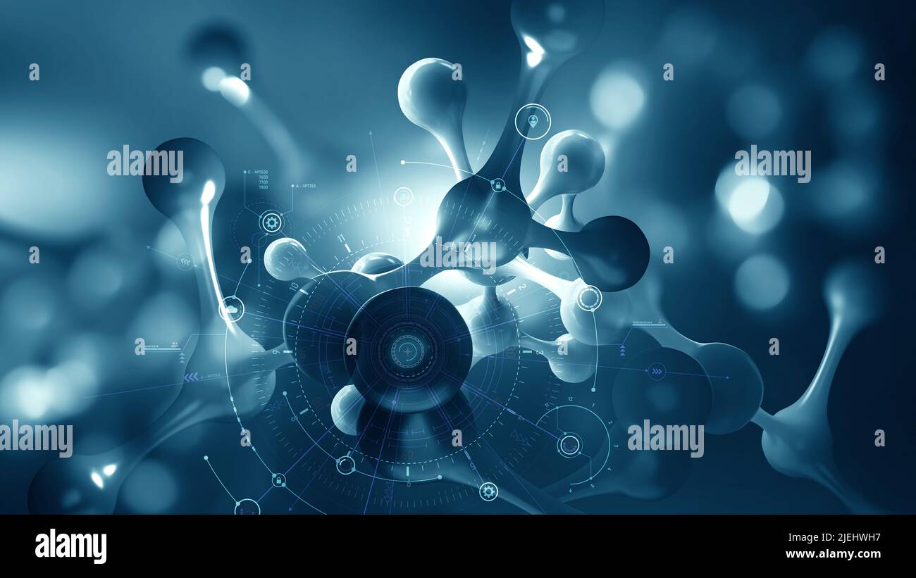 Molekulare Nanotechnologie. Wissenschaftliche Forschung. Laborexperimente und Hightech. Molekulare Gitter abstrakt 3D Illustration. Moderne Trends Stockfoto