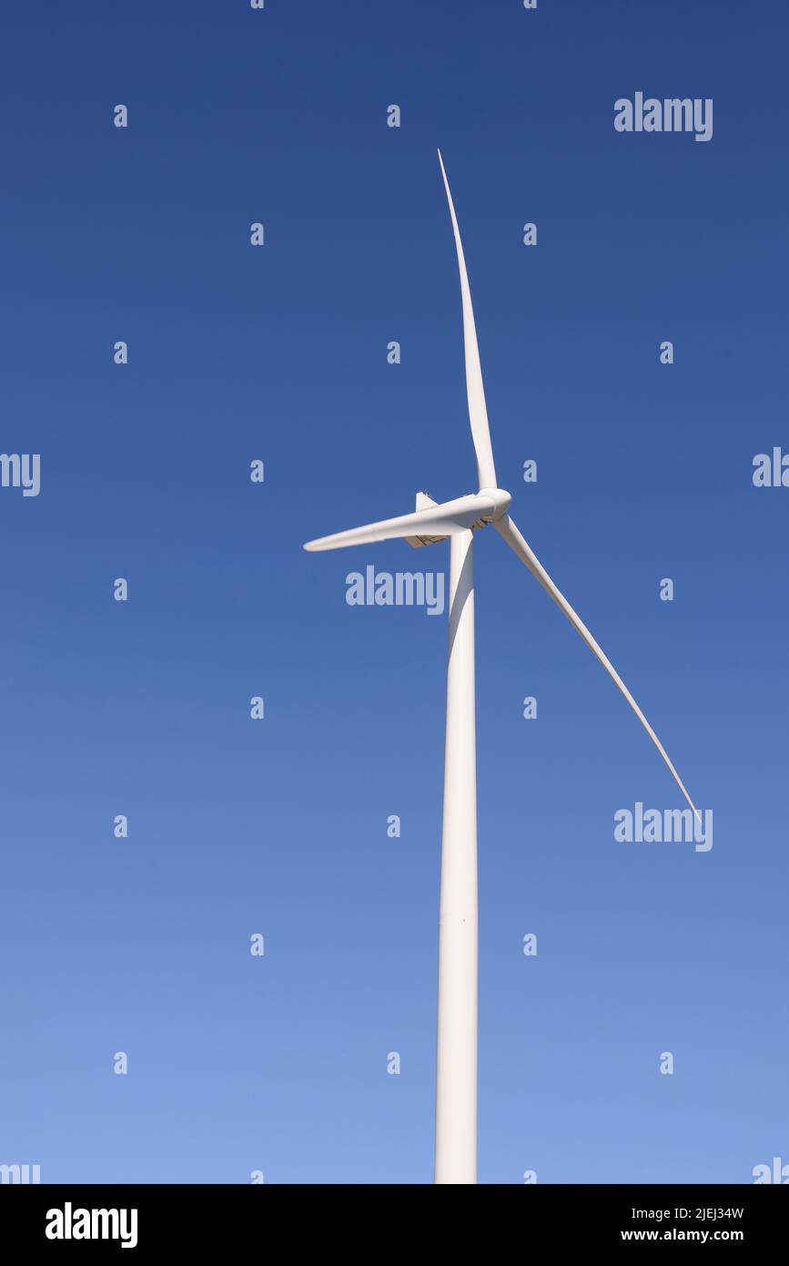 Moderne weiße Windkraftanlagen oder Windmühlen, erneuerbare Energie Stockfoto