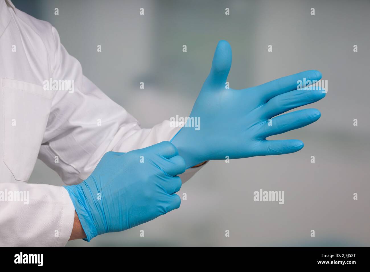 Nahaufnahme der Hände, die medizinische Handschuhe anziehen Stockfoto