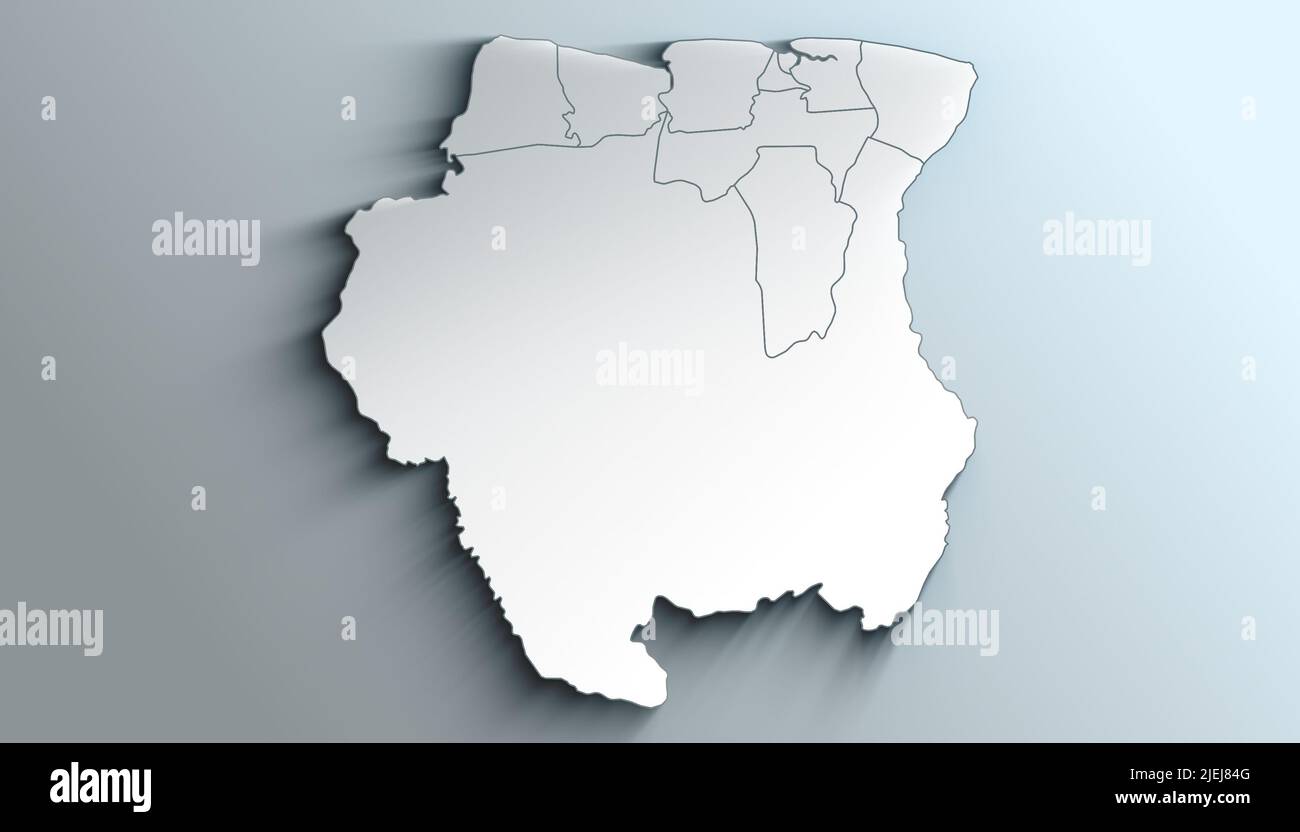 Landestolitische geografische Karte von Suriname mit Bezirken mit Schatten Stockfoto