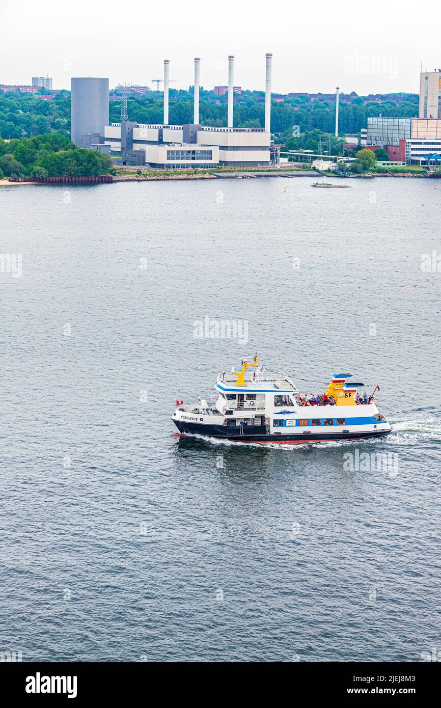 Die Fähre MS Schilksee Kiel nach Schilksee in der Kieler Förde nähert sich Kiel, Schleswig-Holstein, Deutschland Stockfoto