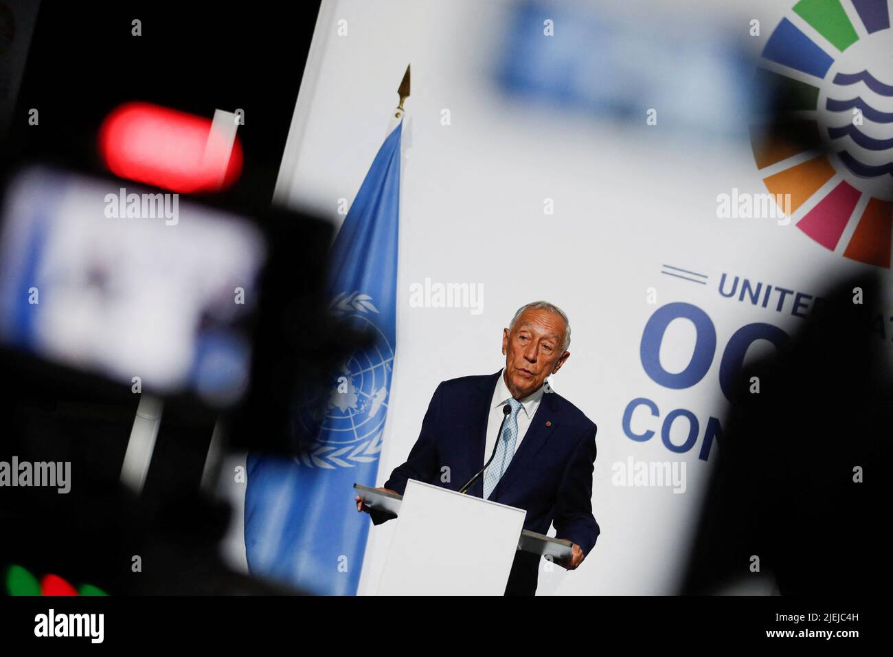 Der portugiesische Präsident Marcelo Rebelo de Sousa spricht während der Eröffnung der UN-Ozeankonferenz 2022 in Lissabon, Portugal, am 27. Juni 2022. REUTERS/Pedro Nunes Stockfoto
