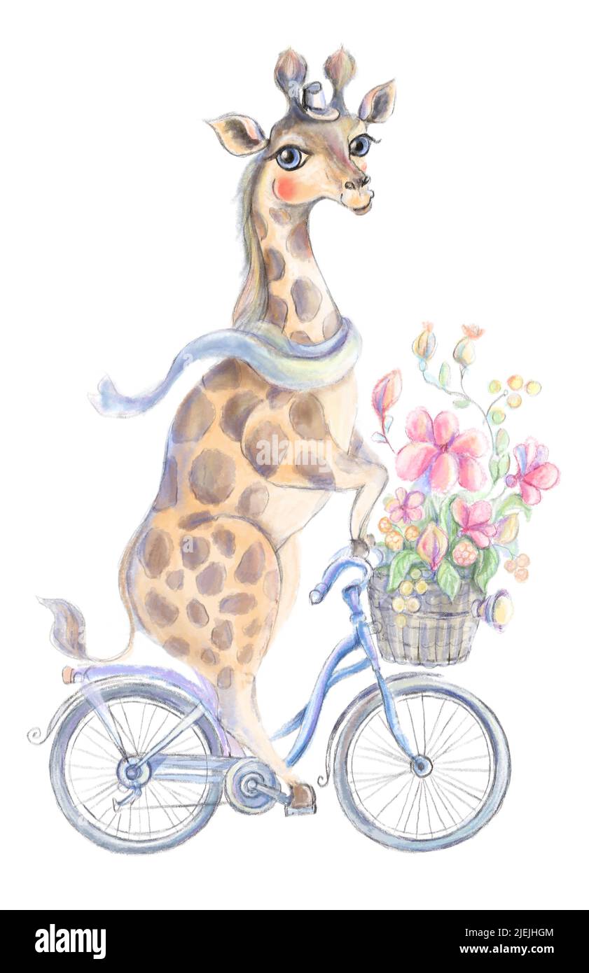 Sublimationsdesign, Giraffe, PNG Clipart, Giraffe auf dem Fahrrad, New Baby Card des Stockfoto