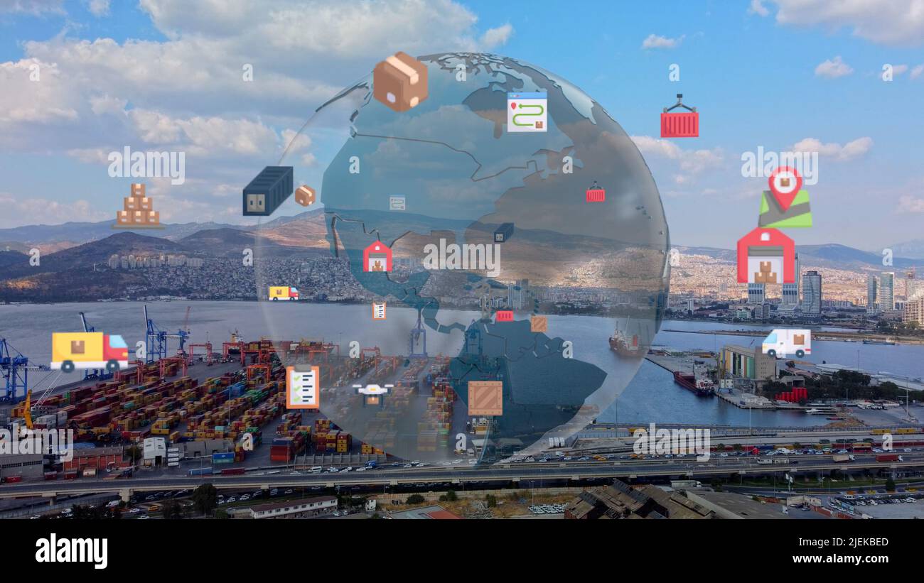Logistikgeschäft oder Transportkonzept Luftaufnahme über Import-Exporthafen mit vielen Stapeln von Frachtcontainerreihen Stockfoto