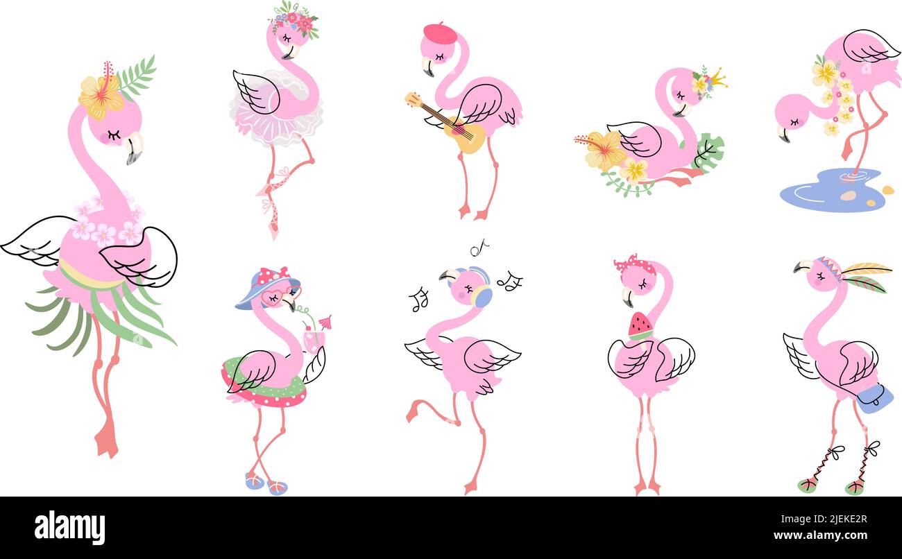 Cartoon rosa Flamingo. Isolierte Flamingos Birdie, Sommer Cliparts mit exotischen tropischen Vögeln. Niedlicher Zootierdruck, witziger Nowaday-Vektor wild Stock Vektor