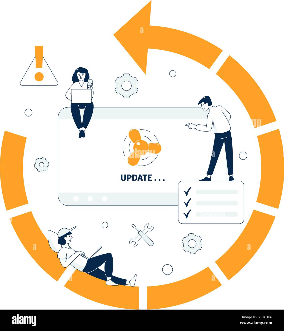Systemaktualisierung. Software-Wartungsservice, Upgrade-Anwendung oder Entwicklung Online-Geschäft. Web-Entwickler, Release-Projekt neuesten Vektor-Konzept Stock Vektor