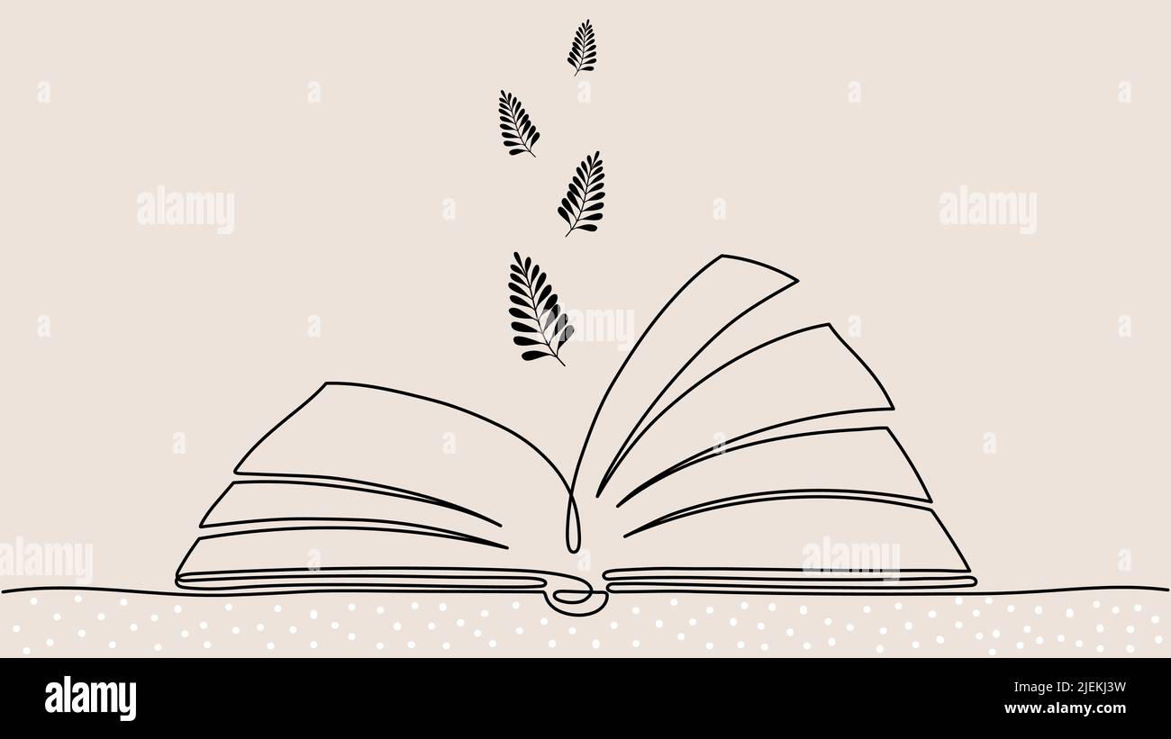 Ein-Zeilen-Buchdesign. Geöffnetes Notizbuch und fliegende Blätter oder Zweige Silhouetten. Schulbildung, Online-Bibliothek Lesen Vektor-Konzept. Einfach Stock Vektor
