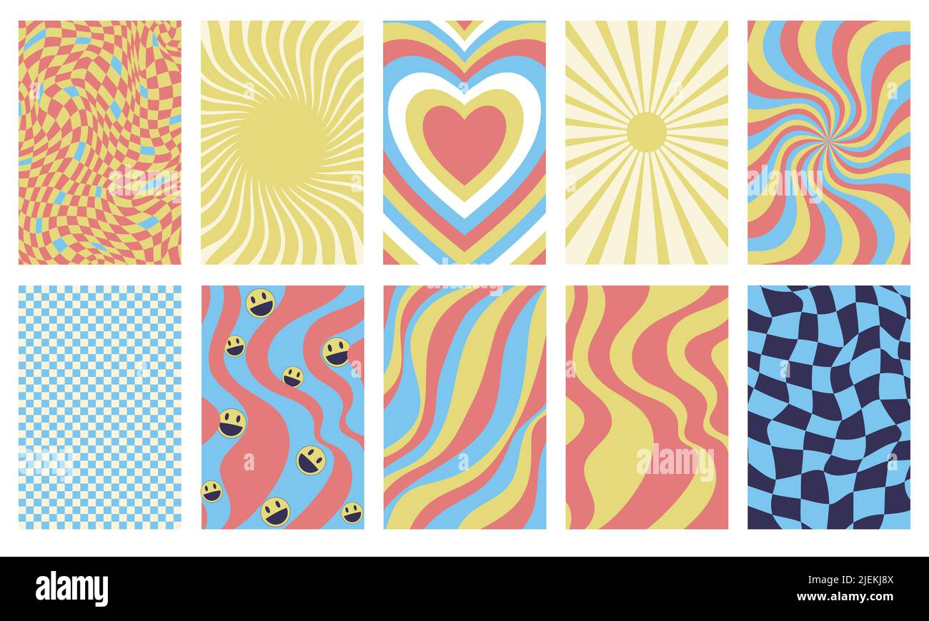 Eine Reihe geometrischer abstrakter Retro-Poster mit Schachhintergrund, Sonne, Herz, Wellen, Smiley-Gesicht und psychedelischem Wirbel. Nostalgische Hintergründe im Verblassen Stock Vektor