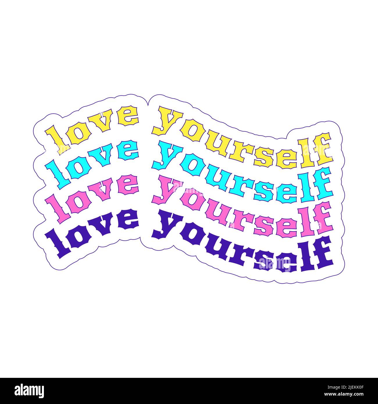 Y2K wellenförmiger Aufkleber mit wiederholtem mehrfarbigem Satz - Love Yourself. Textgrafikelement in hellen Säurelaktfarben. Nostalgie für die 2000s. Simpl Stock Vektor