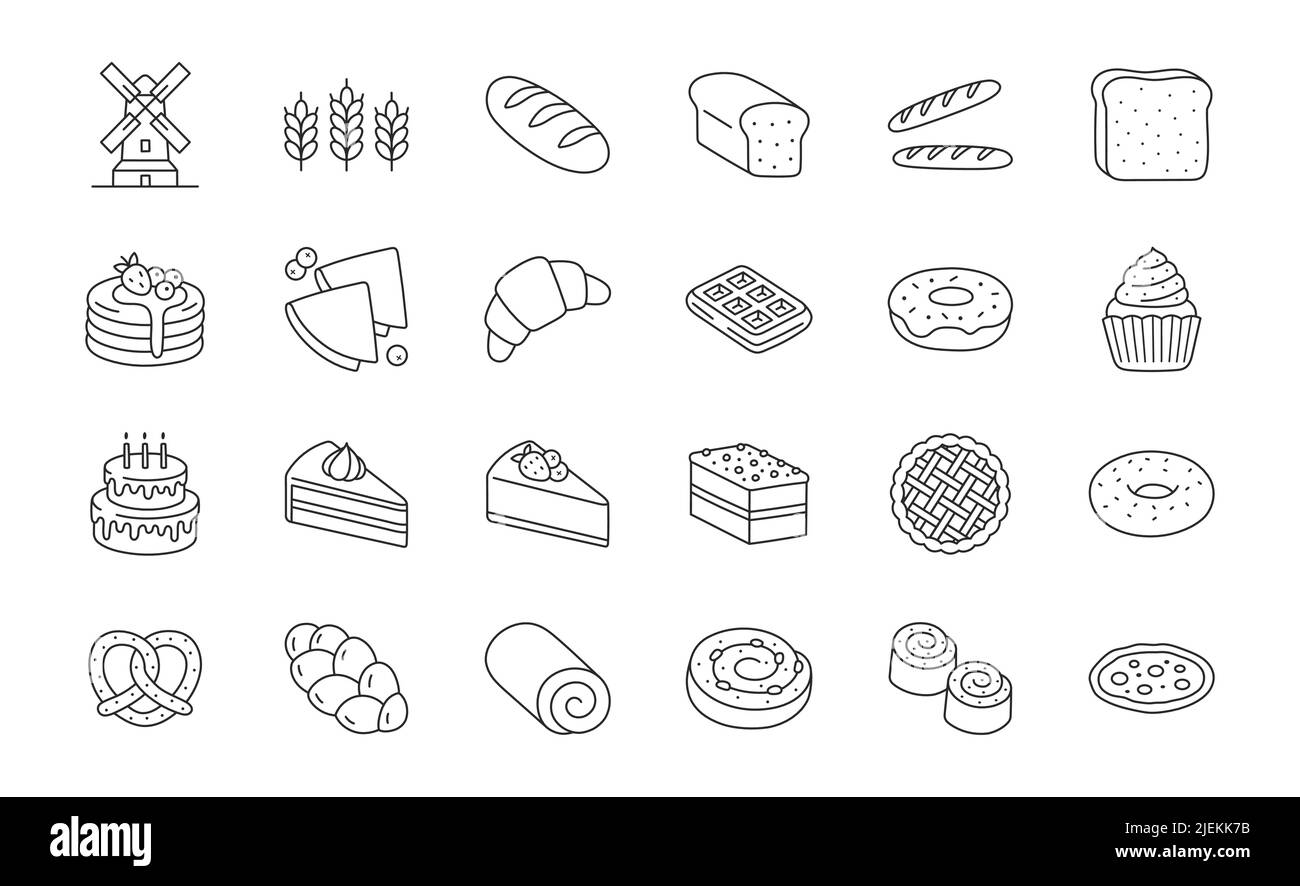 Backwaren Doodle Illustration mit Symbolen - Cupcake, Croissant, Biscuit, Bagel, Donut, Toast, Baguette, Dessert, Zimtbrötchen. Dünne Linie ar Stock Vektor