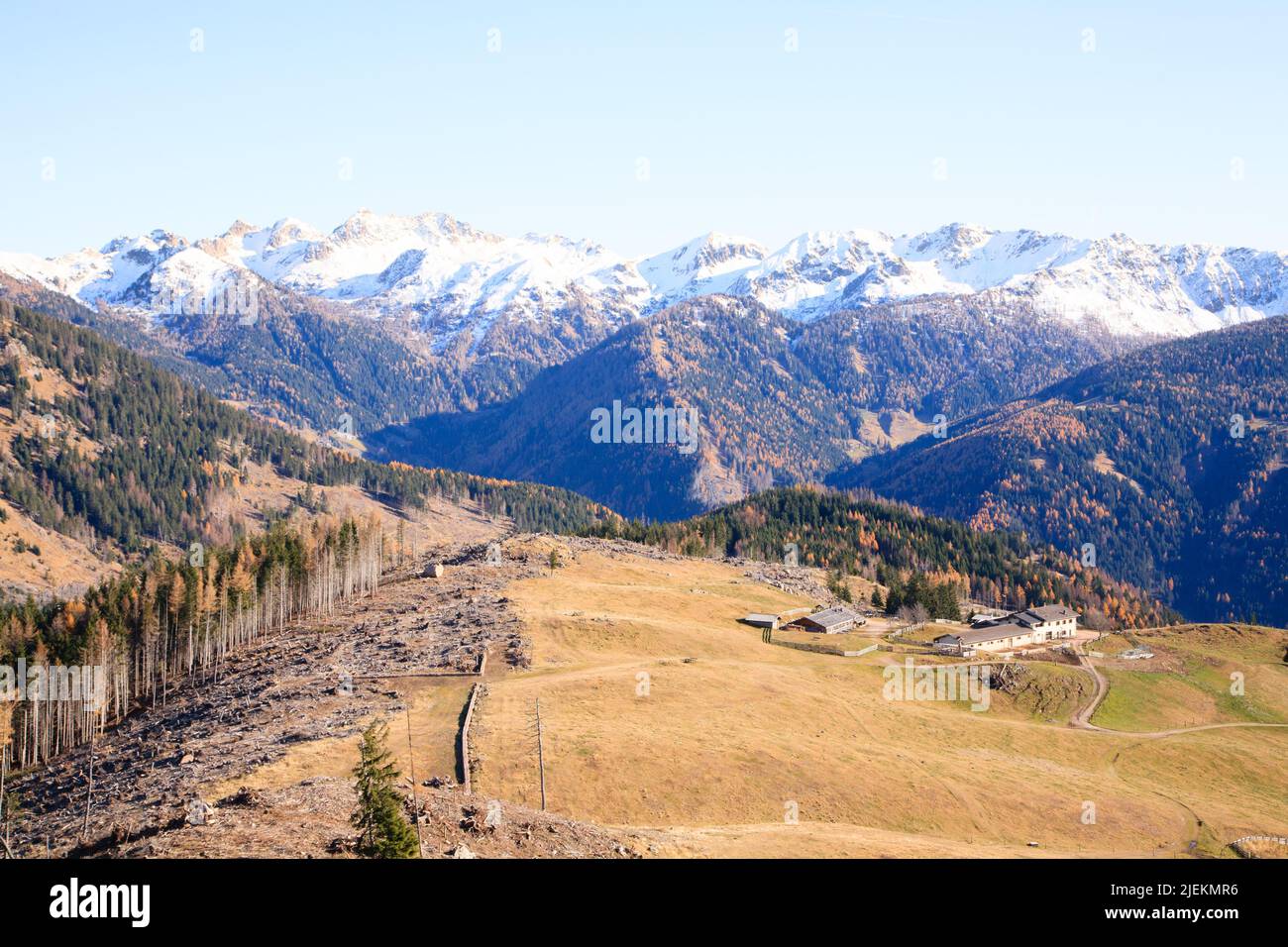 Herbstlandschaft im Mocheni-Tal, Baselga di Pine, Italien. Blick auf die Berge Stockfoto