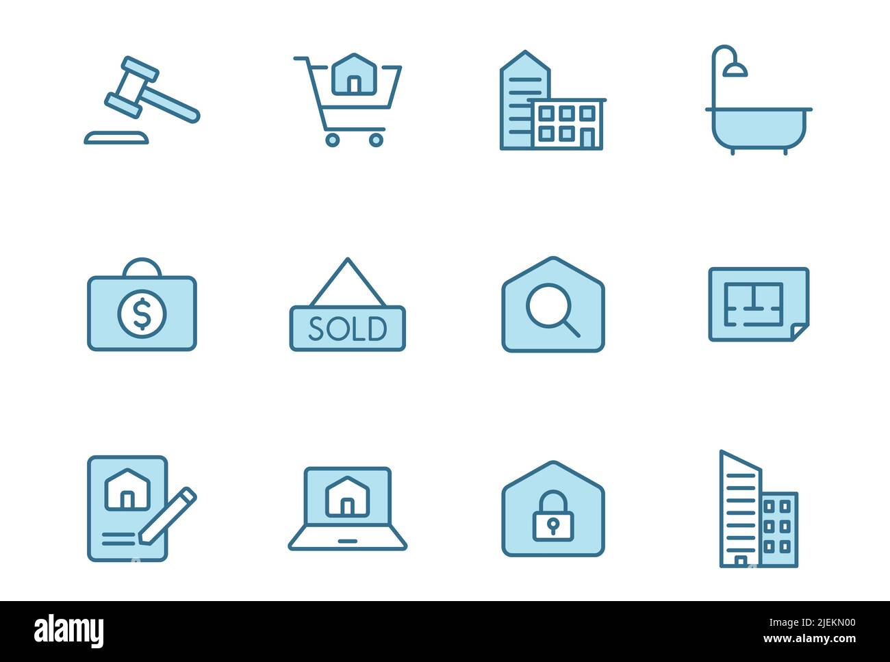 Lineare Vektor-Symbole für Immobilien in zwei Farben, isoliert auf weißem Hintergrund. Stock Vektor