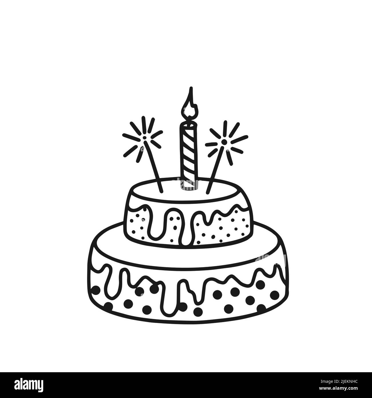 Konturzeichnung eines Kuchens mit einer Kerze auf weißem Hintergrund. Doodle. Clipart Stock Vektor