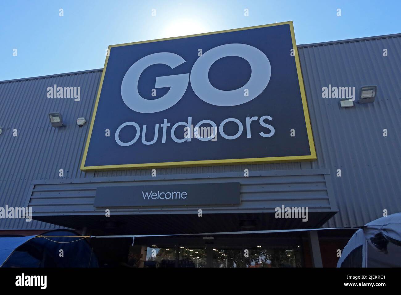 Willkommen bei der Marke JD Sports, Go Outdoors Store, Wilson Patten St, Warrington, Cheshire, ENGLAND, GROSSBRITANNIEN, WA1 1PS Stockfoto