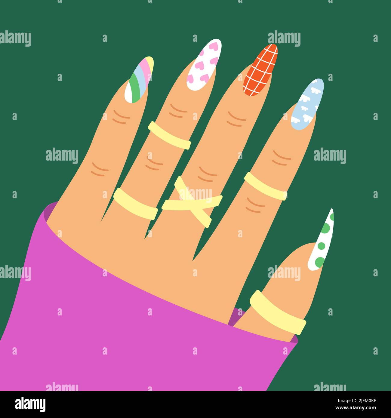 Weibliche Hand mit ästhetisch gepflegten Nägeln, goldenem Ring. Nostalgie für 1990s. Stock Vektor