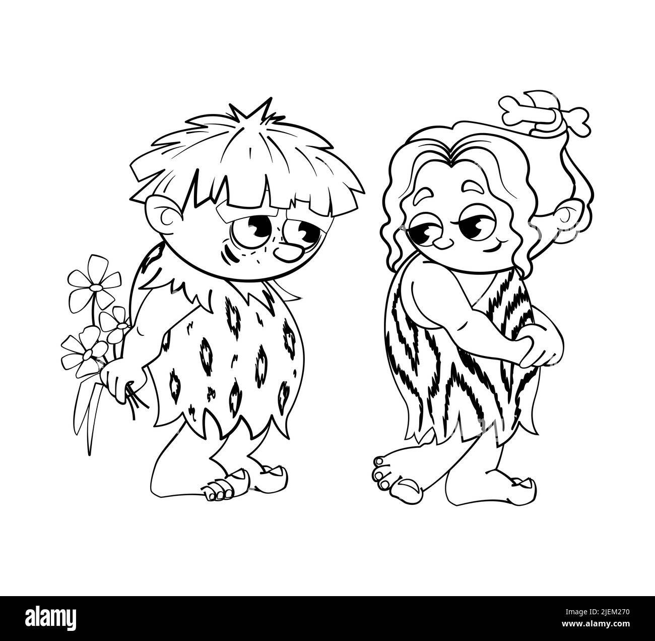 Prähistorischer primitiver Mensch verleiht Kamillenblumen an primitive girl.Comic Buchfiguren im schwarz-weißen Cartoon-Stil. Aufkleber, Aufkleber Stock Vektor